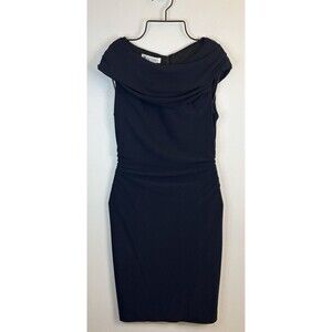 KAY UNGER Navy Blue Sheath Ruched Dress Cap Sleeve Knee Length Career Cocktail